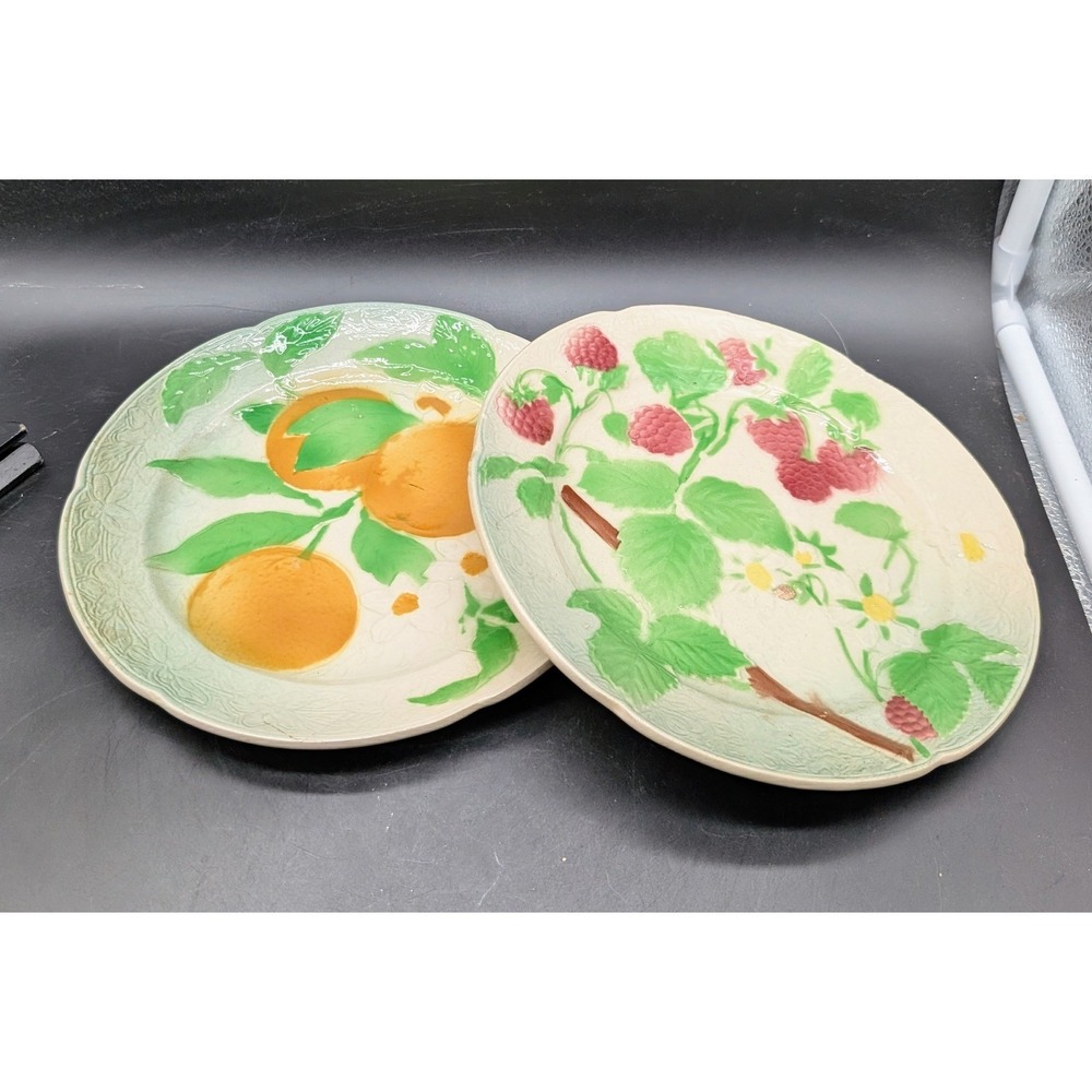 Vintage Clement France Majolica Barbotine Fruit Plates Set of 2 Orange Raspberry